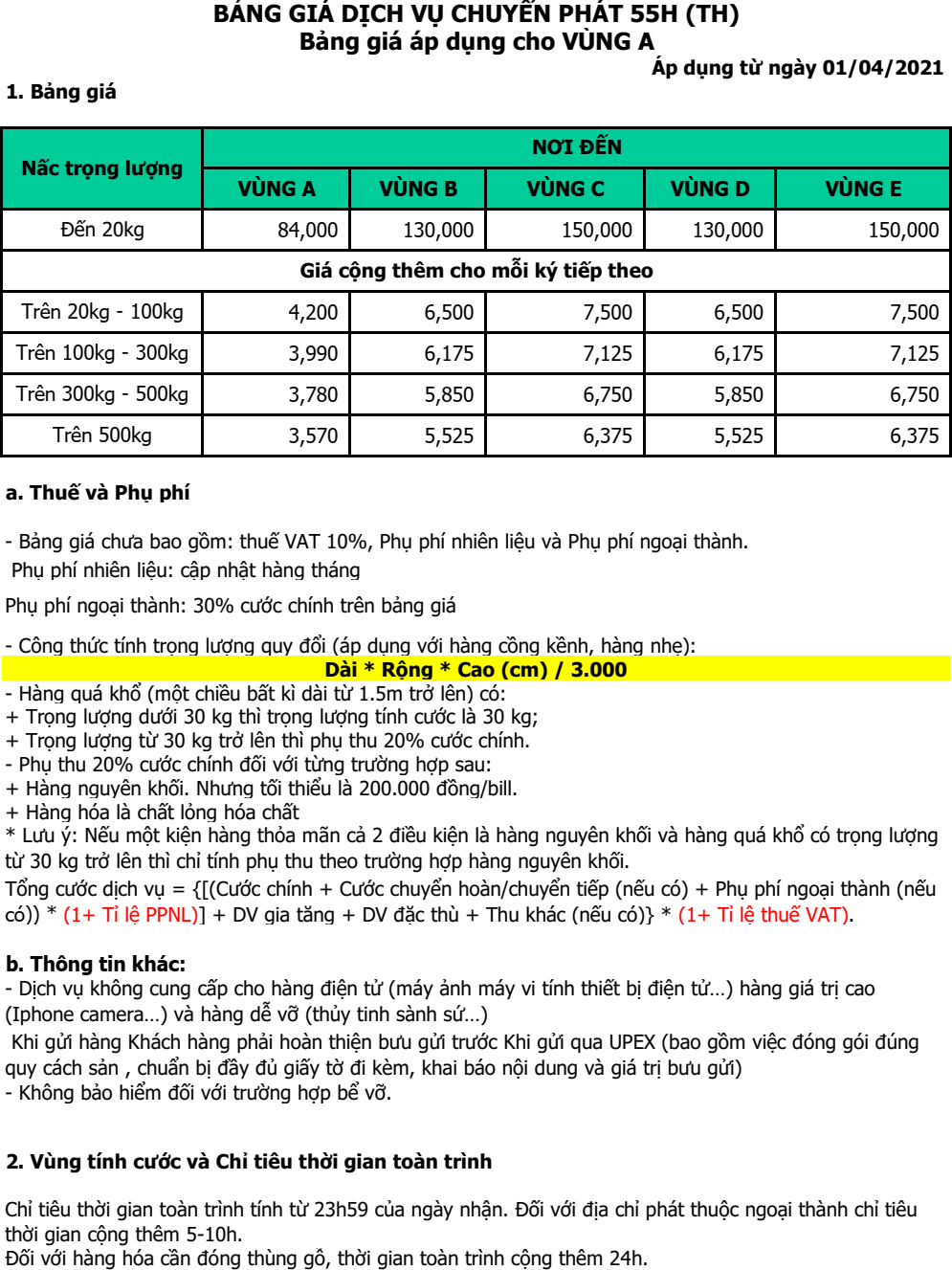 Bảng giá dịch vụ chuyển phát 55H